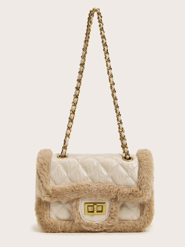 

Twist Lock Quilted Fluffy Chain Bag, Beige