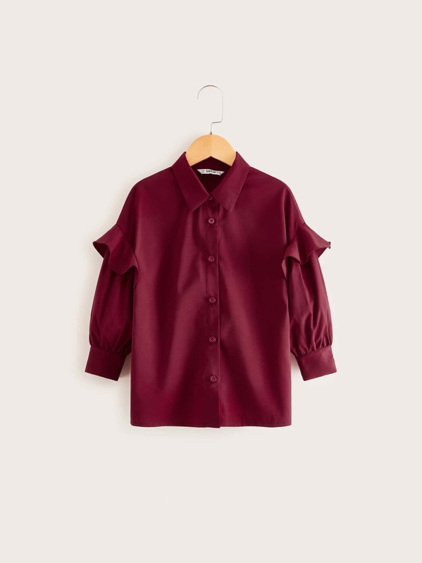 

Girls Ruffle Trim Solid Shirt, Burgundy
