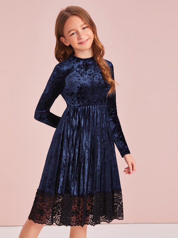 

Girls Lace Hem Pleated Velvet Dress, Navy, Sashab