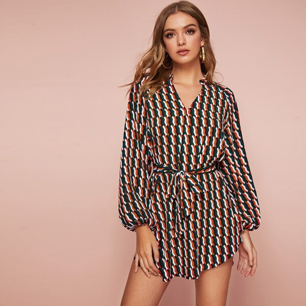 

V-cut Neck Curved Hem Geo Print Belted Dress, Multicolor
