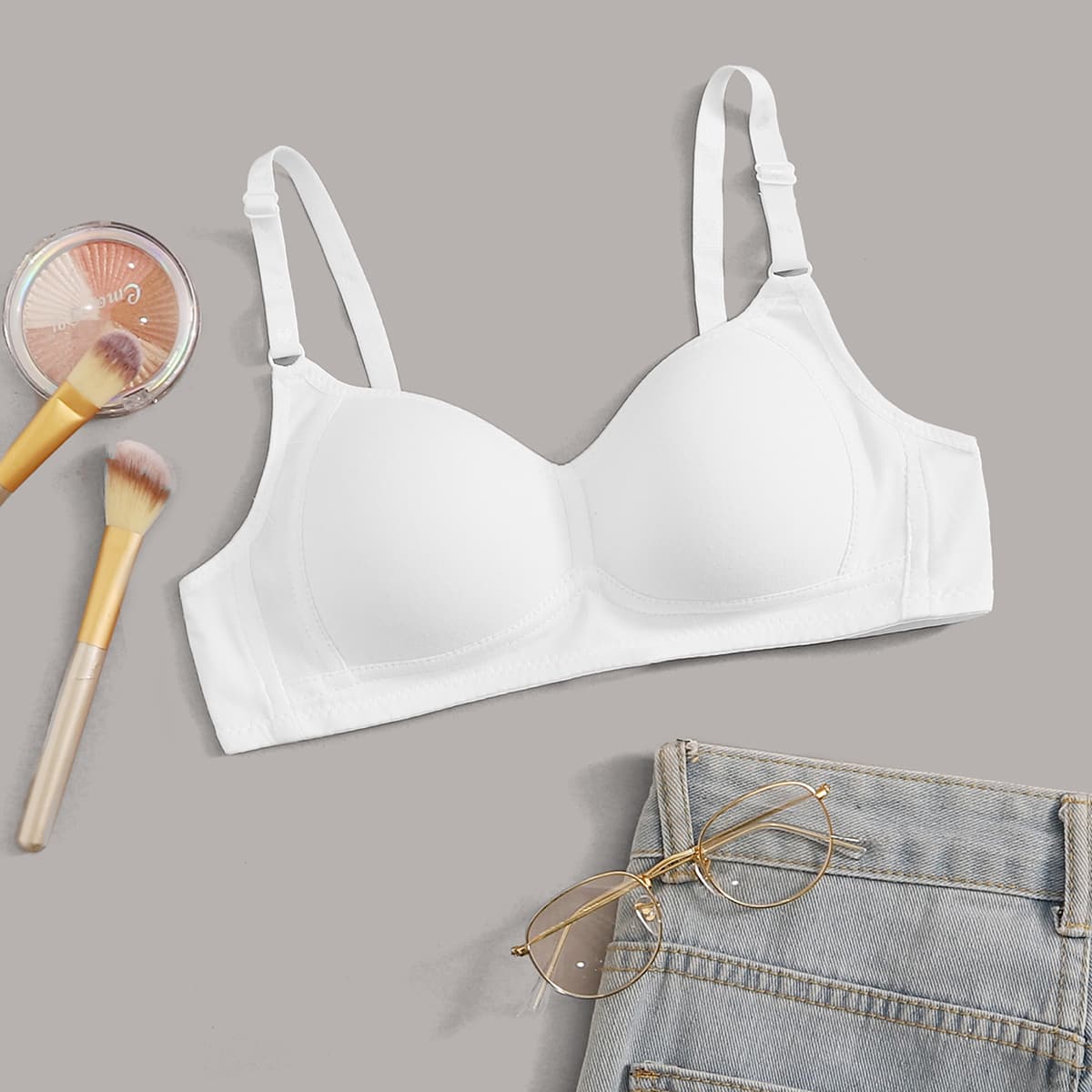

Solid Adjustable Strap Bra, White