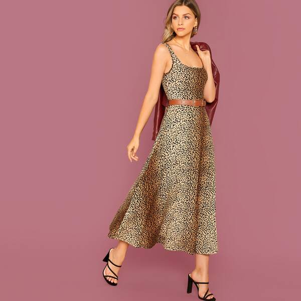 

Fit and Flare Leopard Tank Dress Without Belt, Multicolor