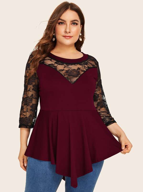 

Plus Lace Yoke Asymmetrical Peplum Blouse, Burgundy, Franziska