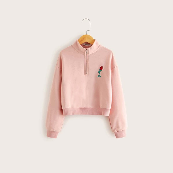 

Girls Zip Half Placket Flower Embroidered Sweatshirt, Pink pastel