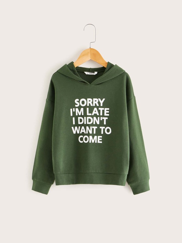 

Girls Slogan Graphic Hoodie, Army green