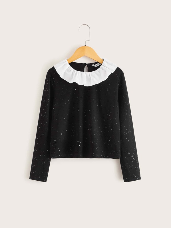 

Girls Contrast Collar Glitter Top, Black