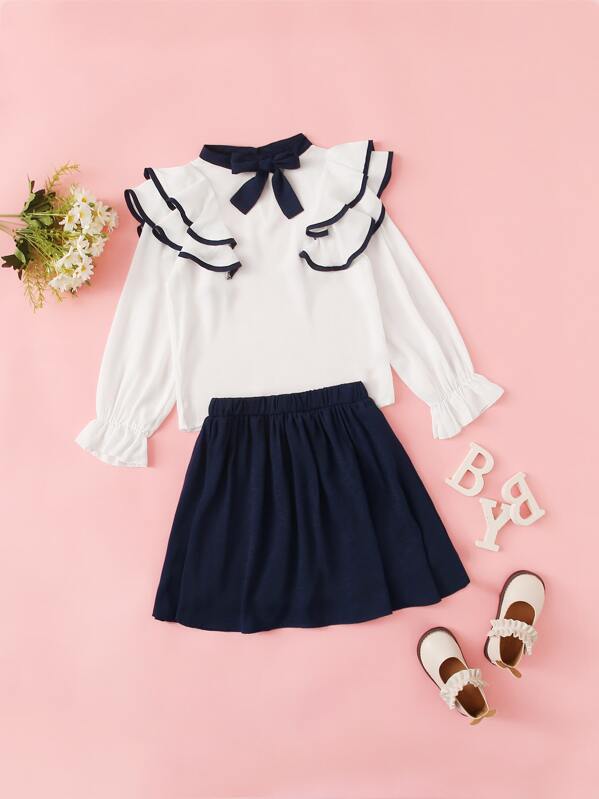 

Girls Contrast Tie Neck Ruffle Trim Blouse & Skirt Set, Multicolor, Sashab
