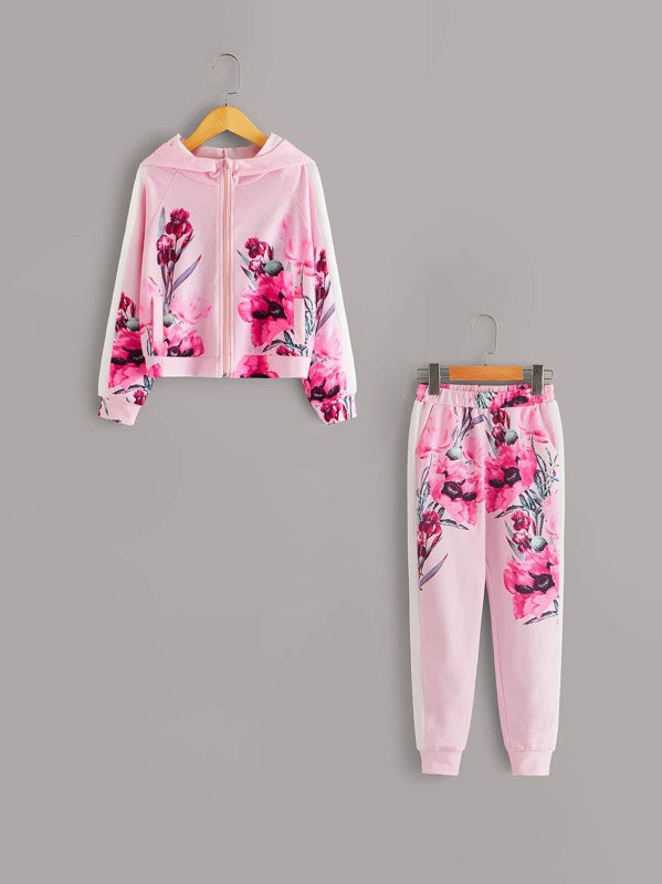 

Girls Zip Up Floral Print Hoodie & Sweatpants Set, Pink