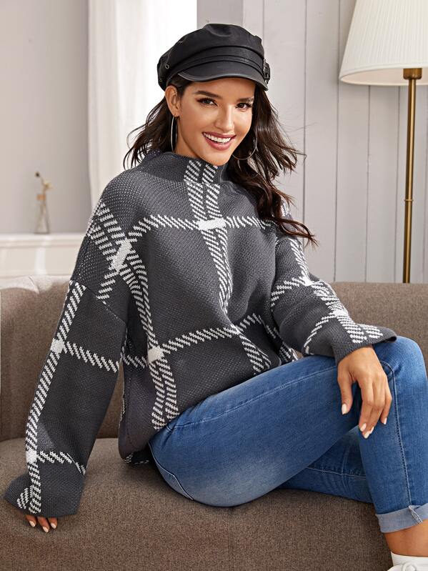 

Mock-Neck Drop Shoulder Plaid Sweater, Grey, Juliana