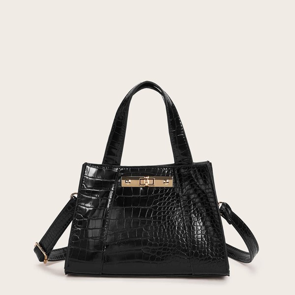 

Croc Embossed Satchel Bag, Black