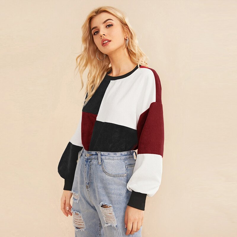 

Lantern Sleeve Colorblock Cord Pullover, Multicolor