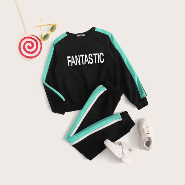 

Girls Letter Graphic Contrast Sideseam Pullover and Joggers Set, Black