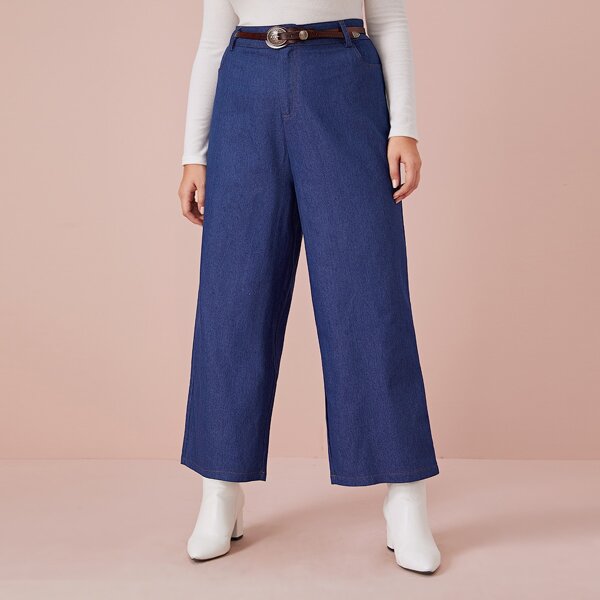 

Plus Solid Wide Leg Jeans Without Belt, Blue