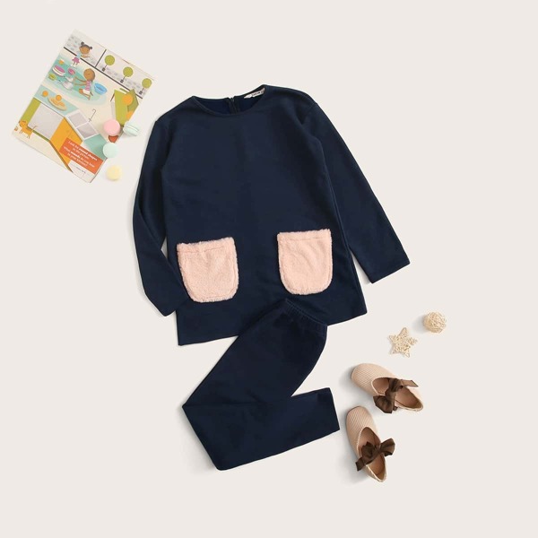 

Girls Zipper Back Contrast Teddy Pocket Top & Leggings Set, Navy