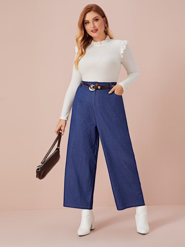 

Plus Solid Wide Leg Jeans Without Belt, Blue, Nora