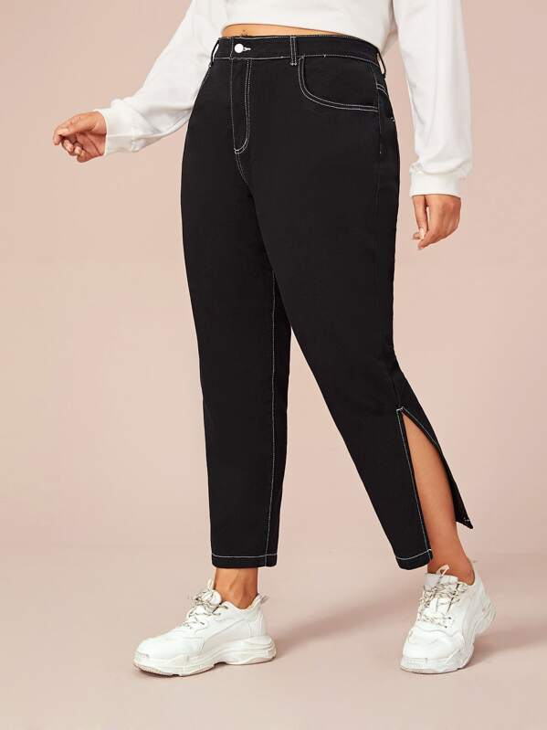 

Plus Topstitching Split Side Jeans, Black, Ruiz Brianna