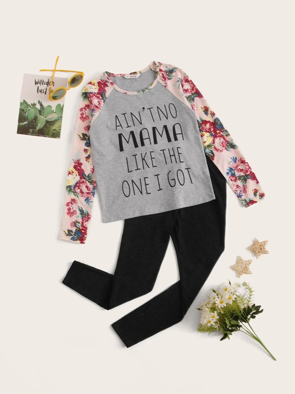 

Girls Floral Sleeve Letter Graphic Top & Leggings Set, Multicolor