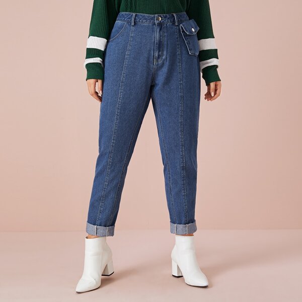 

Plus Pocket Side Topstitching Tapered Jeans, Blue