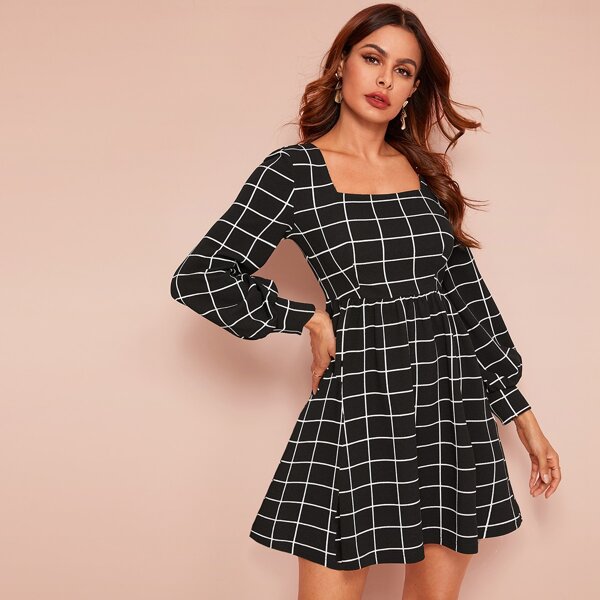 

Bishop Sleeve High Waist Grid Dress, Black