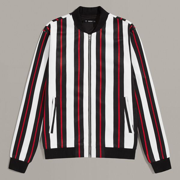 

Men Pocket Side Zip Up Striped Bomber Jacket, Multicolor