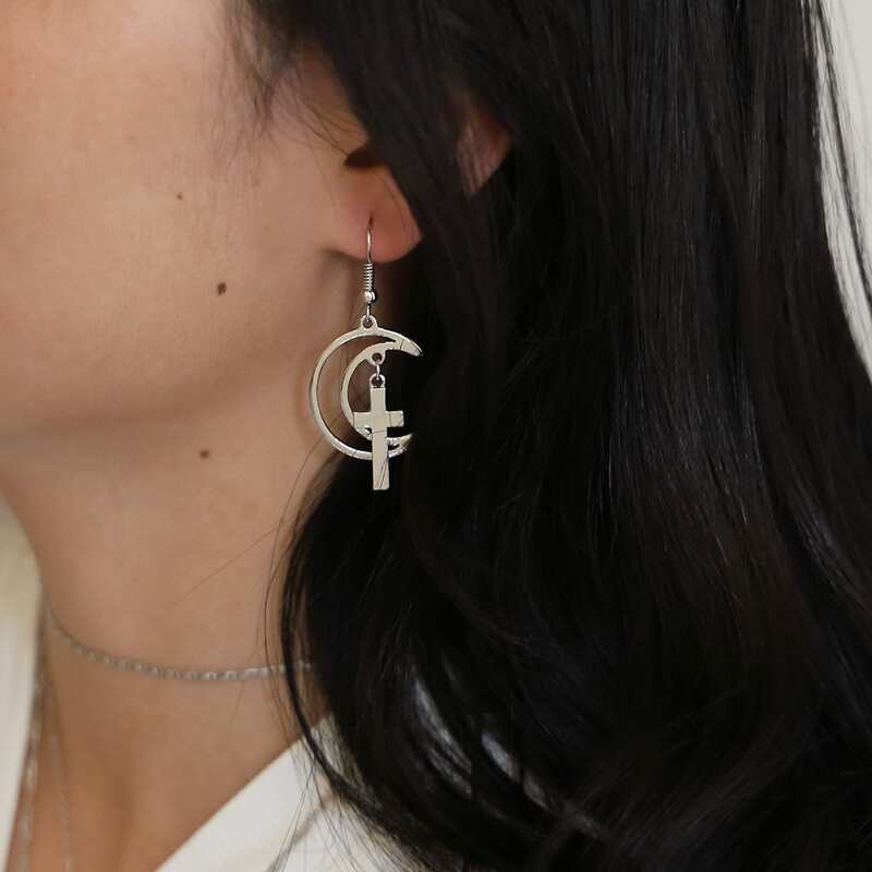 

1pair Cross & Moon Drop Earrings, Silver