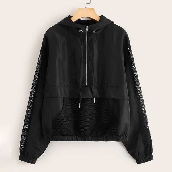 

Zip Half Placket Fishnet Mesh Panel Hooded Jacket, Black