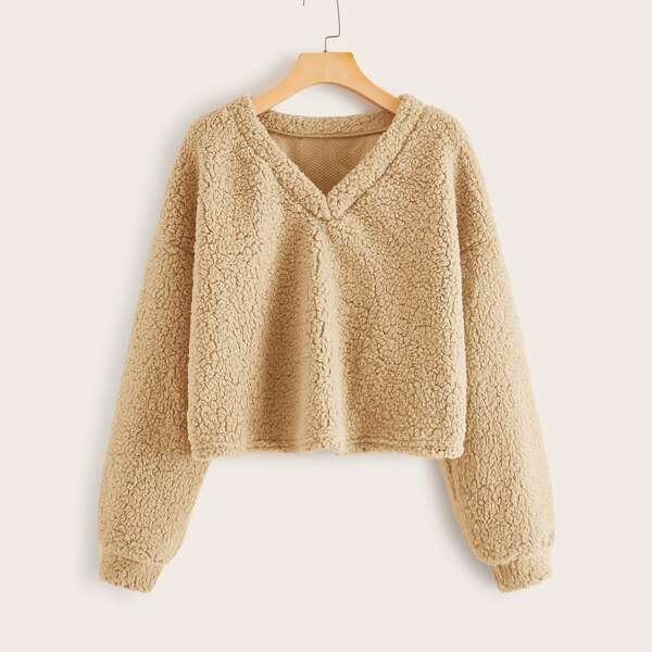 

Solid Drop Shoulder Teddy Pullover, Khaki pastel