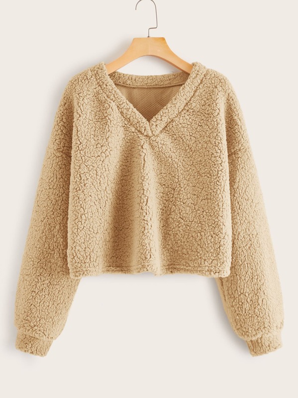 

Solid Drop Shoulder Teddy Pullover, Khaki