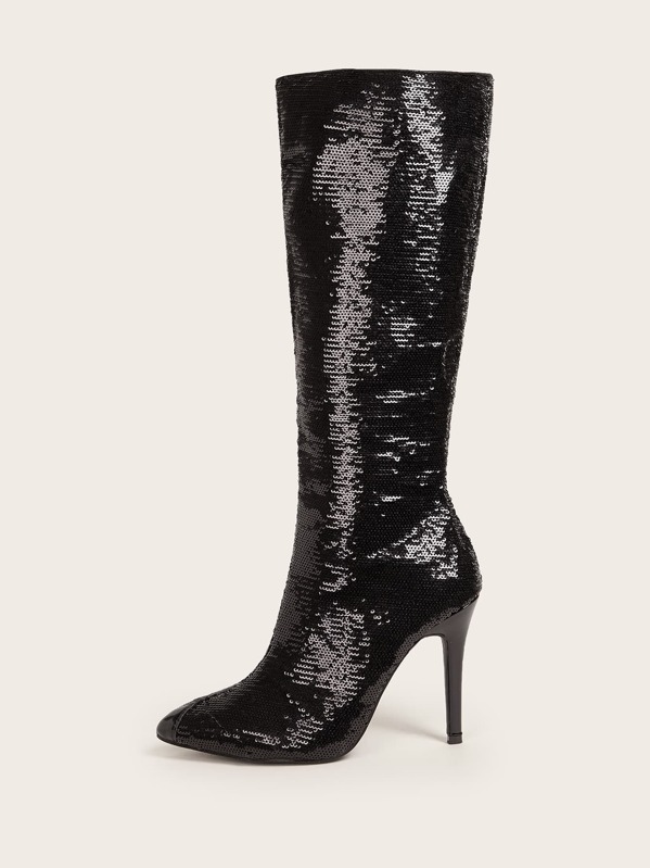 

Point Toe Contrast Sequins Decor Stiletto Boots, Black