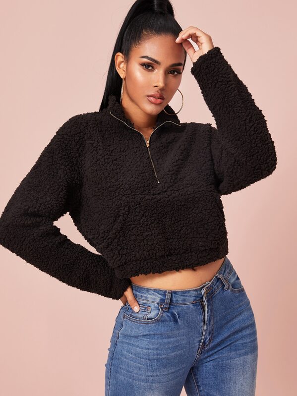 

Zip Half Placket Teddy Crop Sweatshirt, Black, Tina