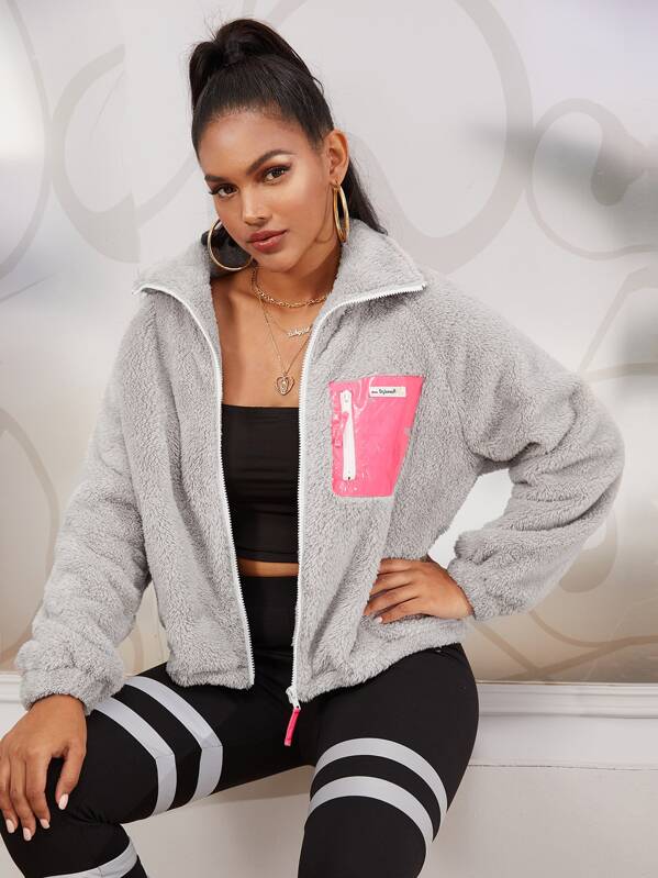 

Neon Pink Pocket Patched Teddy Jacket, Grey, Tina