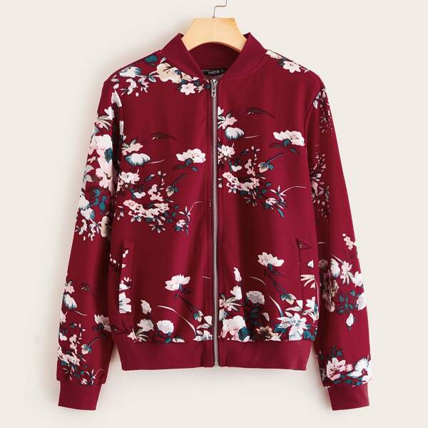 

Floral Print Zipper Front Bomber Jacket, Burgundy