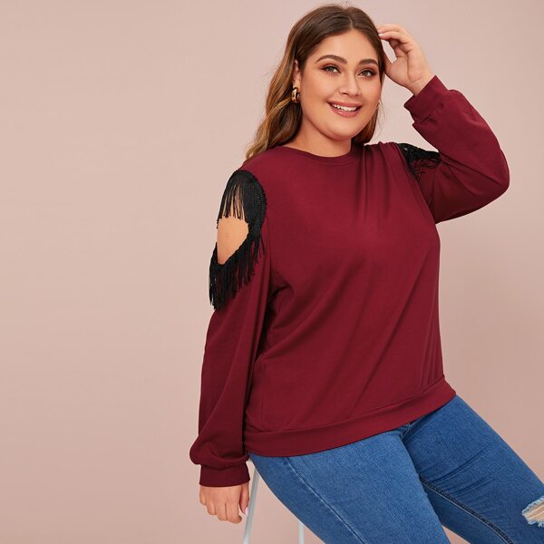 

Plus Open Shoulder Contrast Fringe Trim Sweatshirt, Burgundy