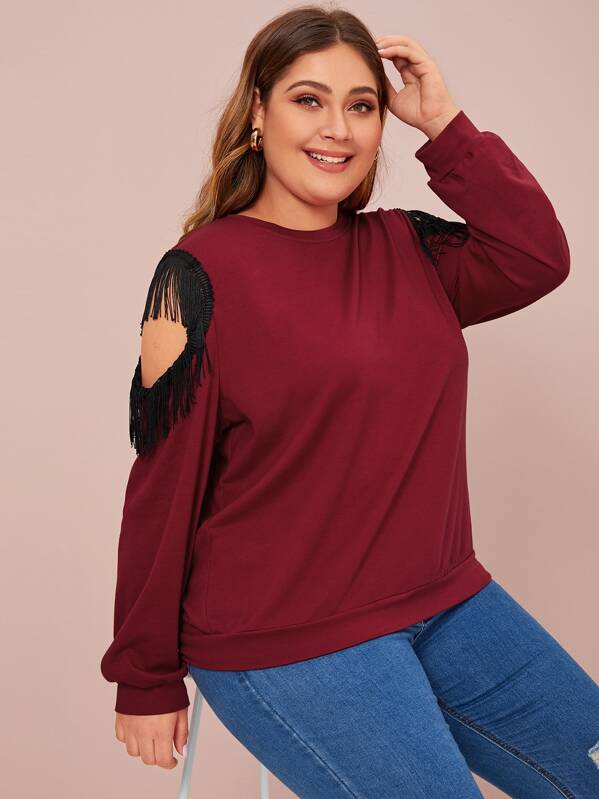 

Plus Open Shoulder Contrast Fringe Trim Sweatshirt, Burgundy, Carol