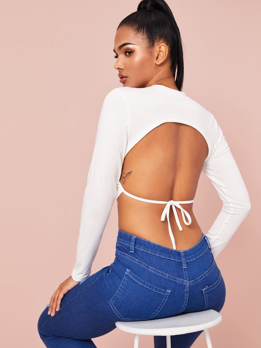 Self-Tie Open-Back Crop Top - White - View 1