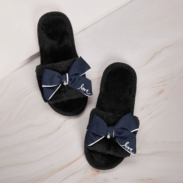 

Open Toe Bow Decor Fluffy Slippers, Black