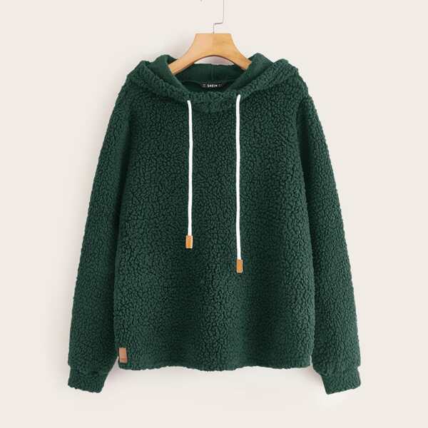 

Solid Drawstring Teddy Hoodie, Green