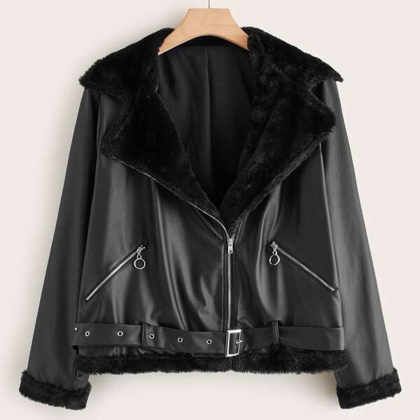 

Plus Faux Fur Collar Buckle Belted Biker Jacket, Black
