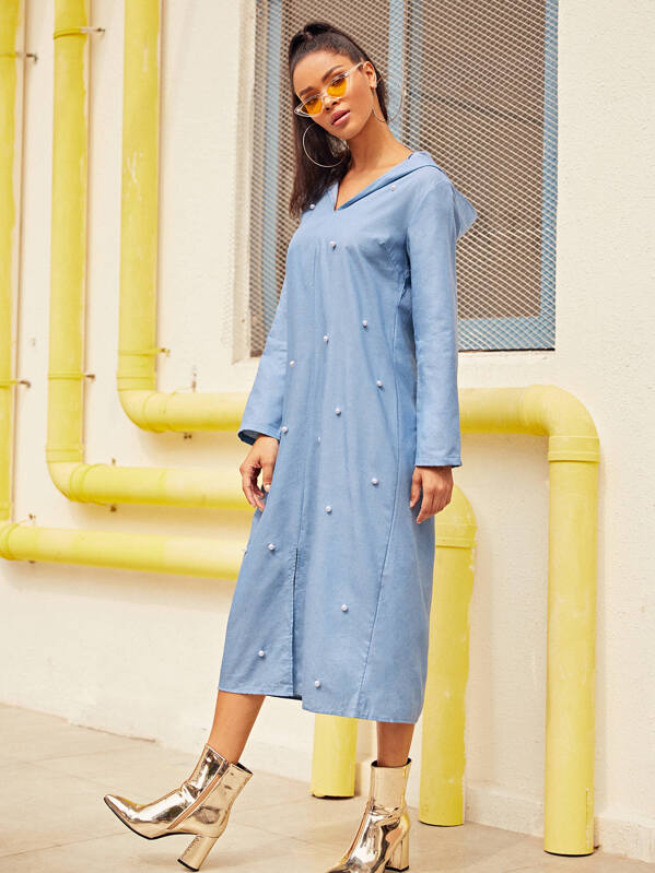 

Pearls Beaded Split Hem Denim Hoodie Dress, Blue, Gigi