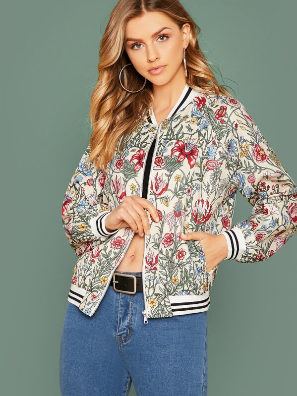 

Zip Up Striped Trim Floral Print Bomber Jacket, Multicolor, Marina Laswick