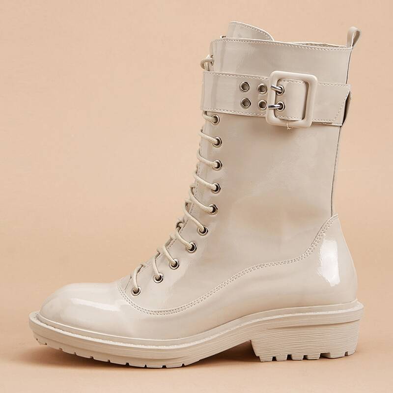 

Buckle Decor Side Zip Combat Boots, Apricot