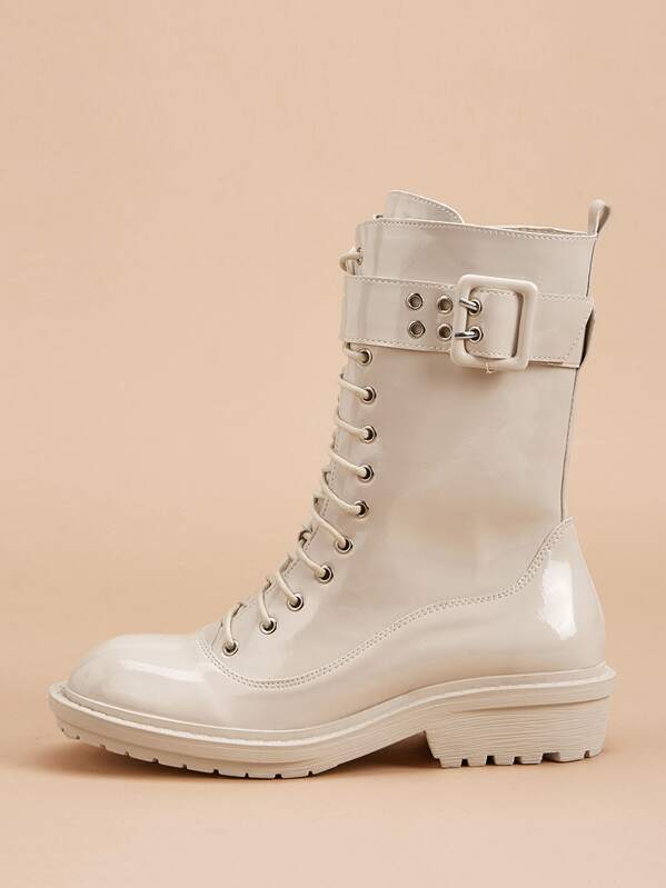 

Buckle Decor Side Zip Combat Boots, Apricot