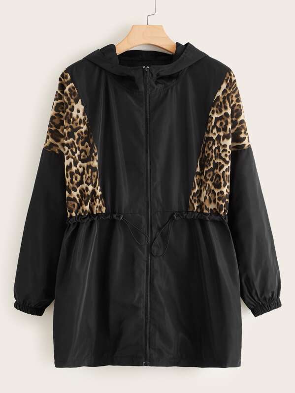 

Plus Leopard Print Drawstring Waist Hooded Windbreaker Jacket, Black