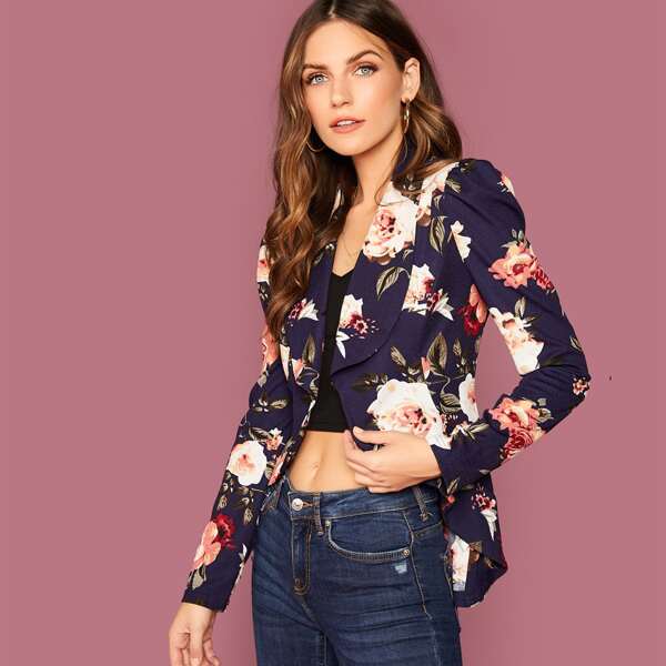 

Shawl Collar Floral Print Asymmetrical Hem Blazer, Navy