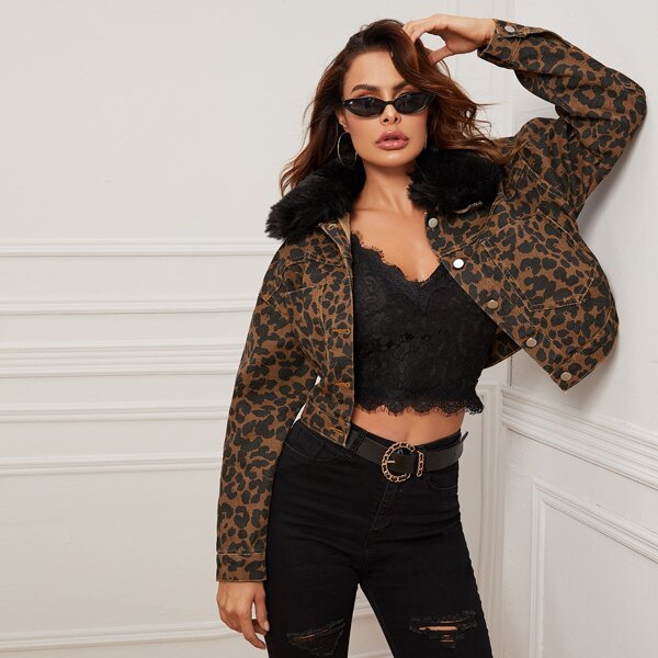 

Leopard Print Button Up Denim Jacket With Borg Collar, Multicolor