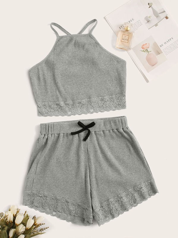 

Rib Contrast Lace PJ Set, Grey