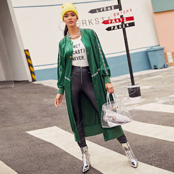 

Drop Shoulder Letter Tape Detail Longline Bomber Jacket, Green