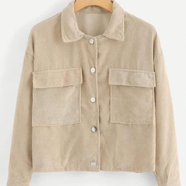 

Plus Flap Pocket Button Up Corduroy Jacket, Beige