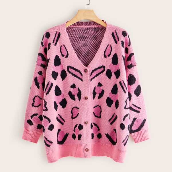 

Plus Graphic Drop Shoulder Button Front Cardigan, Multicolor