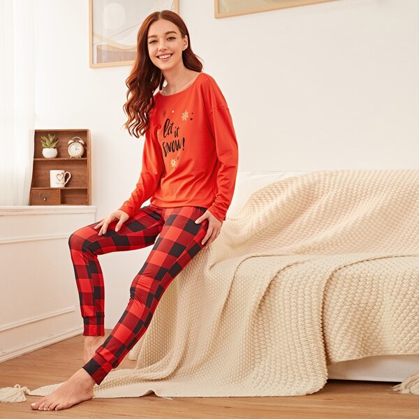 

Letter & Plaid Print PJ Set, Red